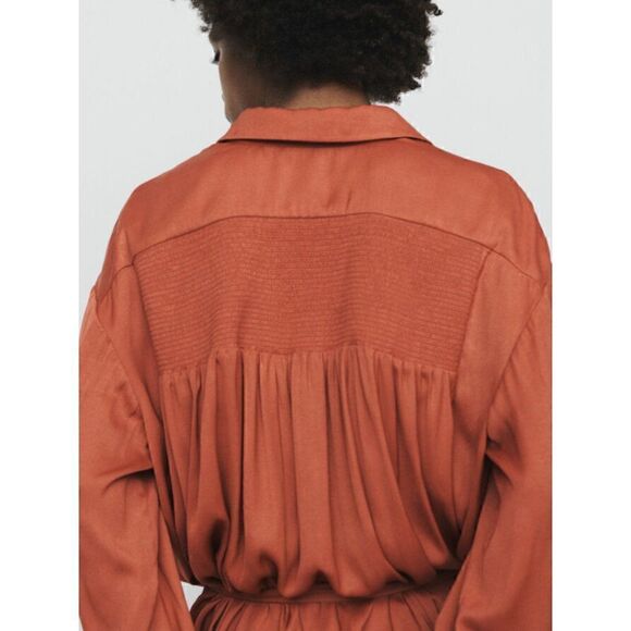 Maje Shirt dress with smocks in Terracotta with lace Size L NWT - Picture 5 of 15
